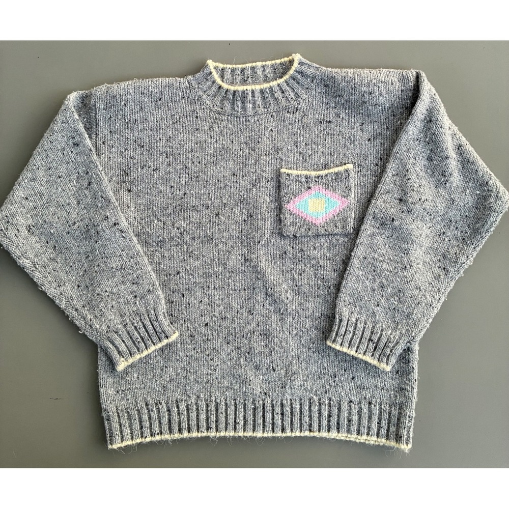 Vintage W.O.R.D.S. Grey Marl Flecked‎ Knit Sweater Pastel Diamond Pocket M